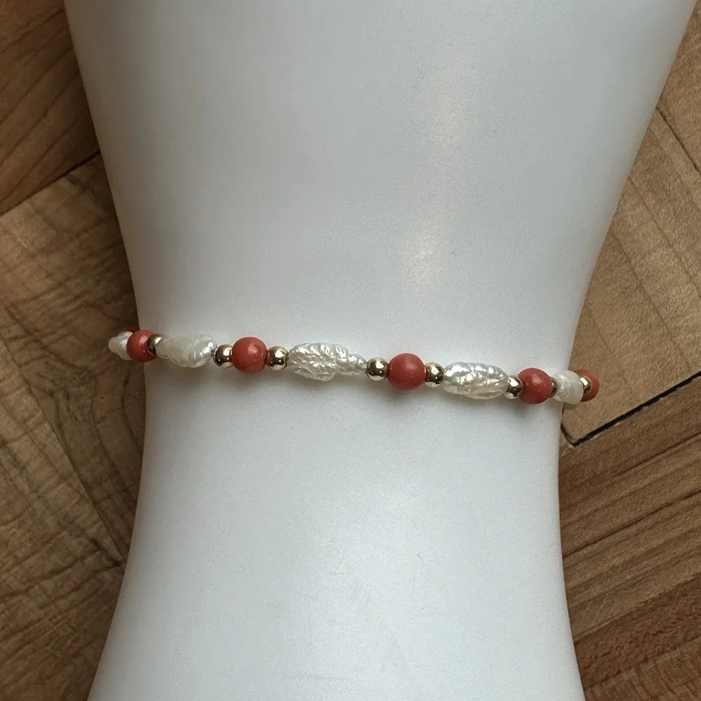 Artisan Bracelet 6.25 Inch 14k Gold Baroque‎ Fresh Water Pearl Coral Beads 2.0g